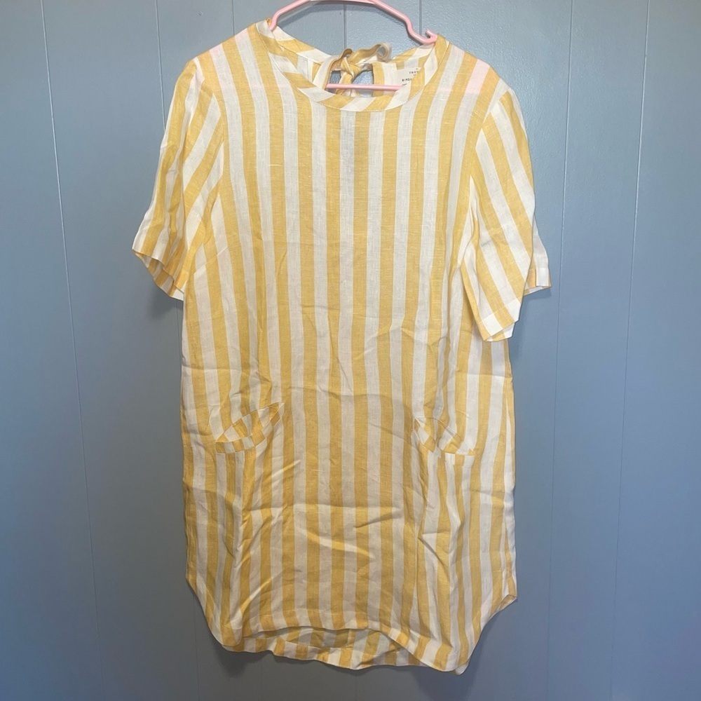 Trovata Birds of Paradis Yellow and White Striped Linen Dress Small